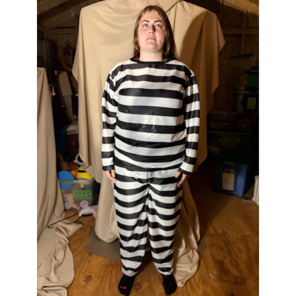 Black White Striped Prisoner Costume Set Halloween Jailbird 2 Piece Large
